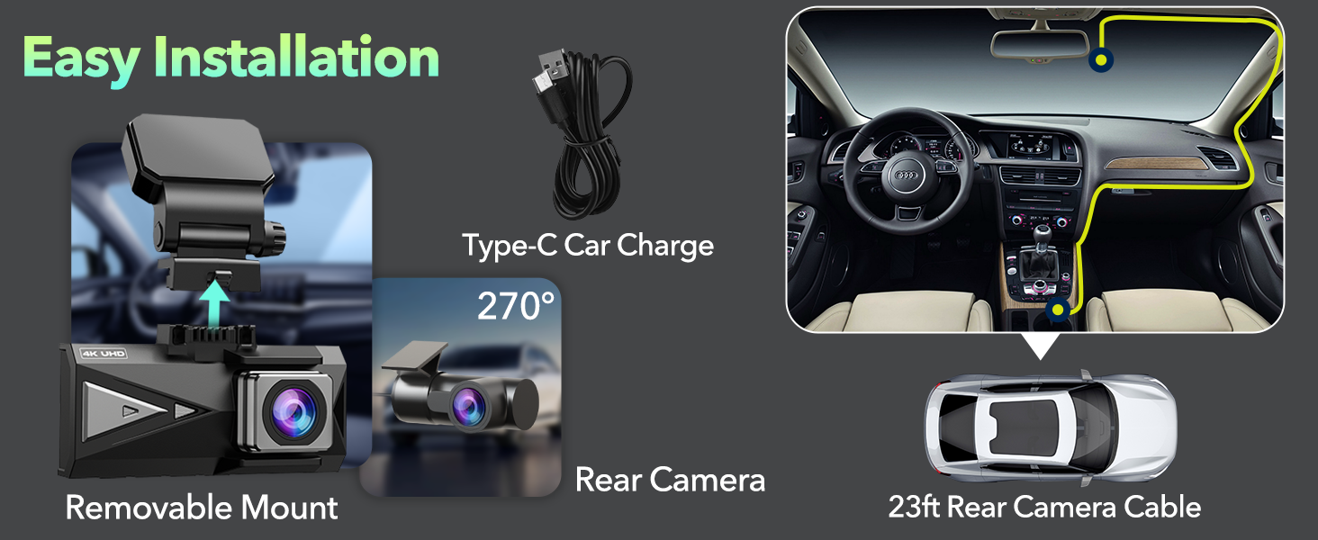 4K Dual Dash Camera Front and Rear with 3.16'' Touch Screen and 128GB Card