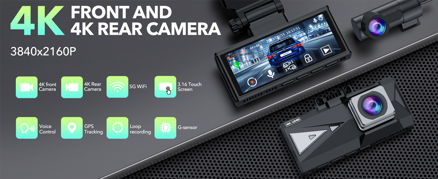 4K Dual Dash Camera Front and Rear with 3.16'' Touch Screen and 128GB Card